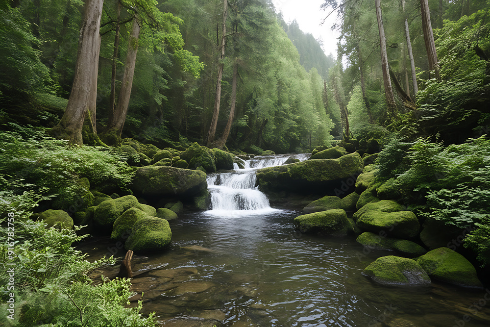 Obraz premium A tranquil forest scene with tall pine trees, moss-covered stone steps, and a clear stream flowing over rocks, bathed in sunlight