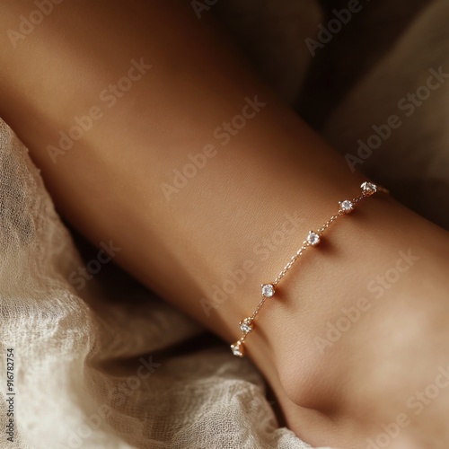 Delicate Ankle Chain: A close-up shot of a woman's ankle adorned with a delicate gold anklet featuring sparkling cubic zirconia stones. The image exudes elegance and sophistication, perfect for showca