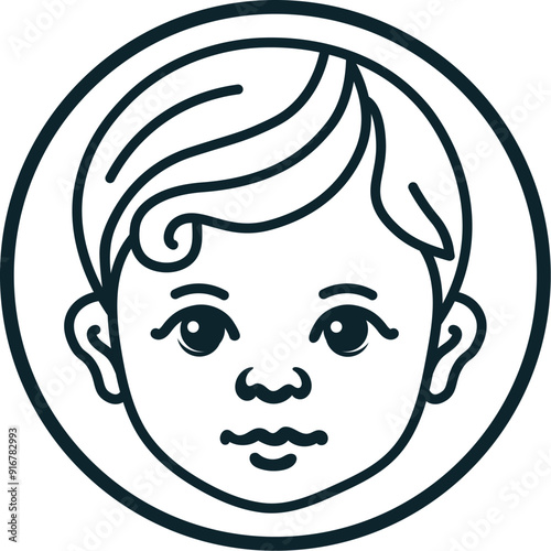 Vector Baby Face Line Art Logo Cute Child in Circular Frame