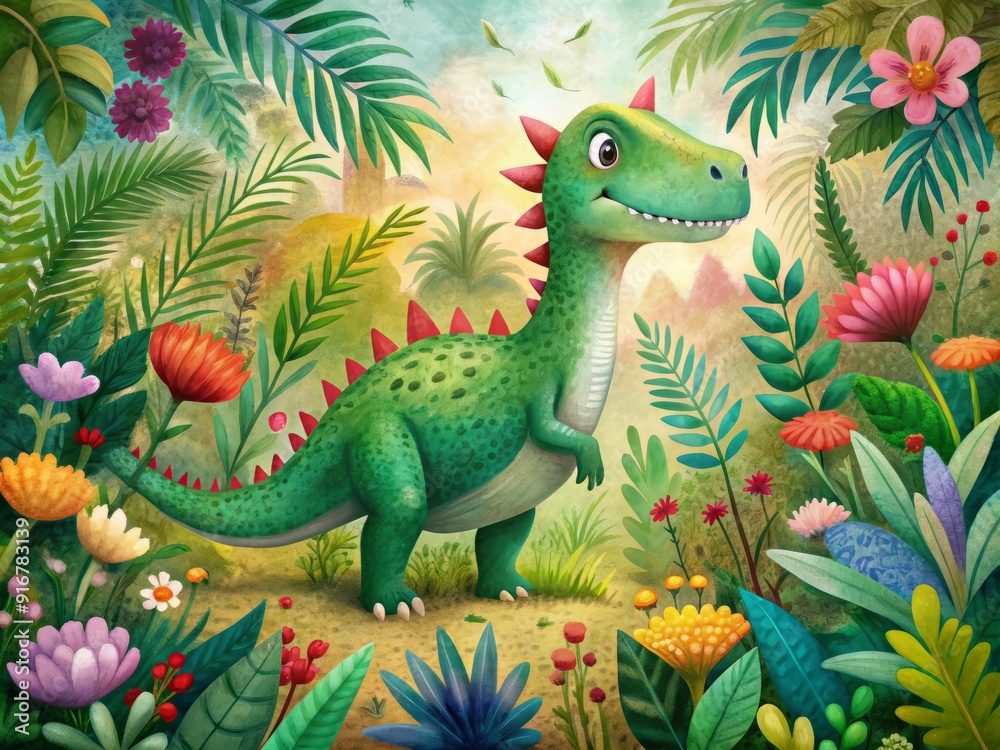 Fototapeta premium Vibrant green dinosaur stands amidst lush jungle foliage, surrounded by colorful flowers and leaves, illustrated in soft watercolor style with whimsical textures.