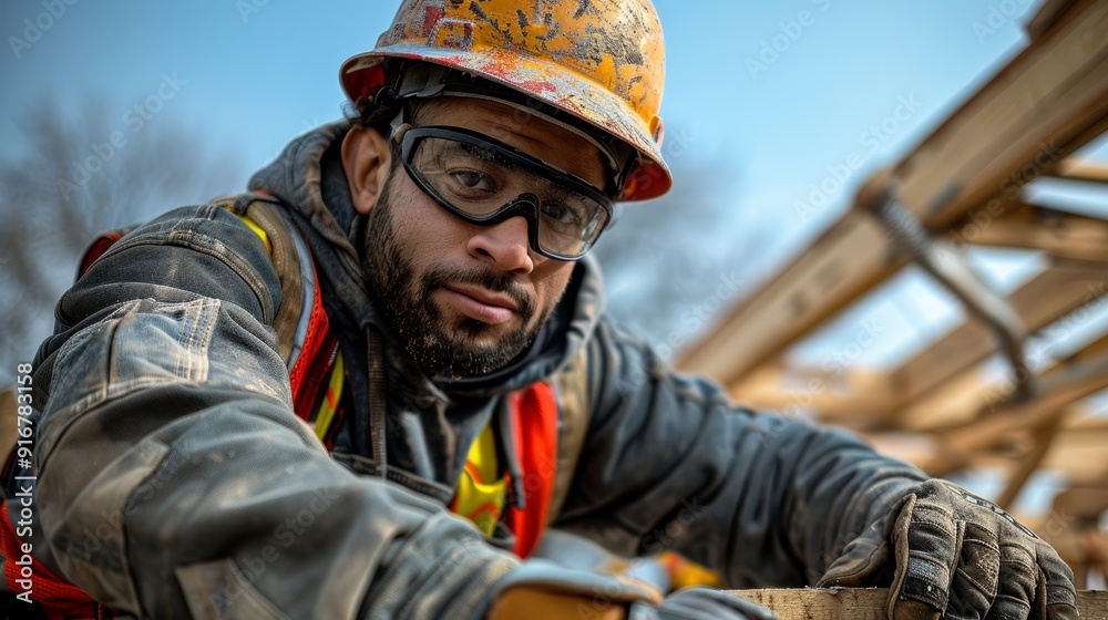A construction worker takes a break while building a residential structure at sunset in a bustling city A construction worker takes a break while building a residential structure at sunset in a bustling city