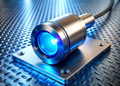 Modern industrial sensor with bright blue LED light illuminates a sleek metal surface, symbolizing advanced technology, innovation, and precision in a futuristic setting.