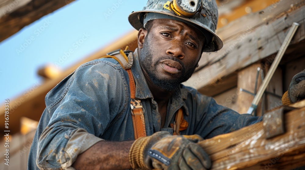 A construction worker focused on building a wooden structure under a clear blue sky A construction worker focused on building a wooden structure under a clear blue sky