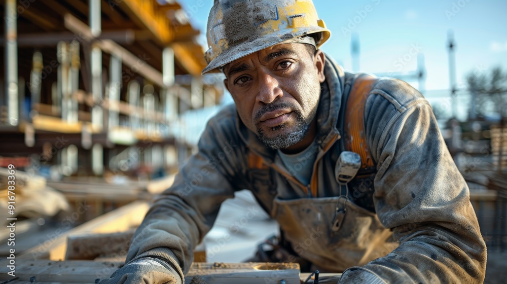 A construction worker focuses intently on his task at a bustling site during a sunny day A construction worker focuses intently on his task at a bustling site during a sunny day