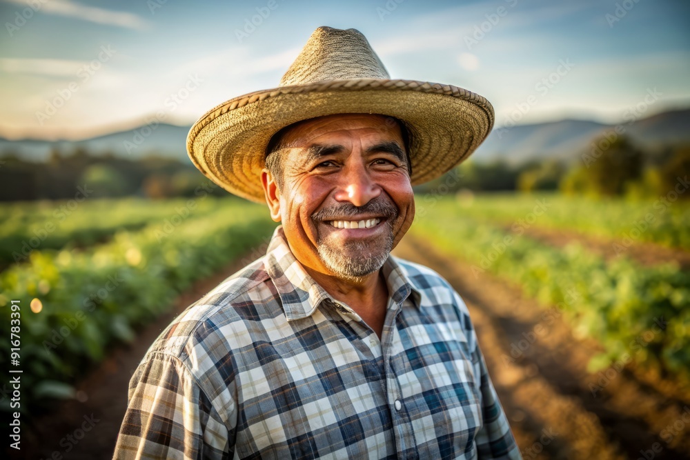 Fototapeta premium middle aged male mexican farmer smiling and working on a farm field portrait