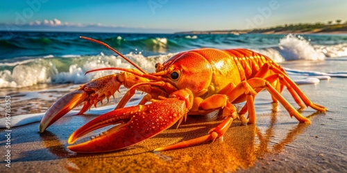 Vibrant orange lobster rests on sandy beach, claws splayed, shell glistening in sunlight, seaweed tangled around its legs, ocean waves crashing in background. photo