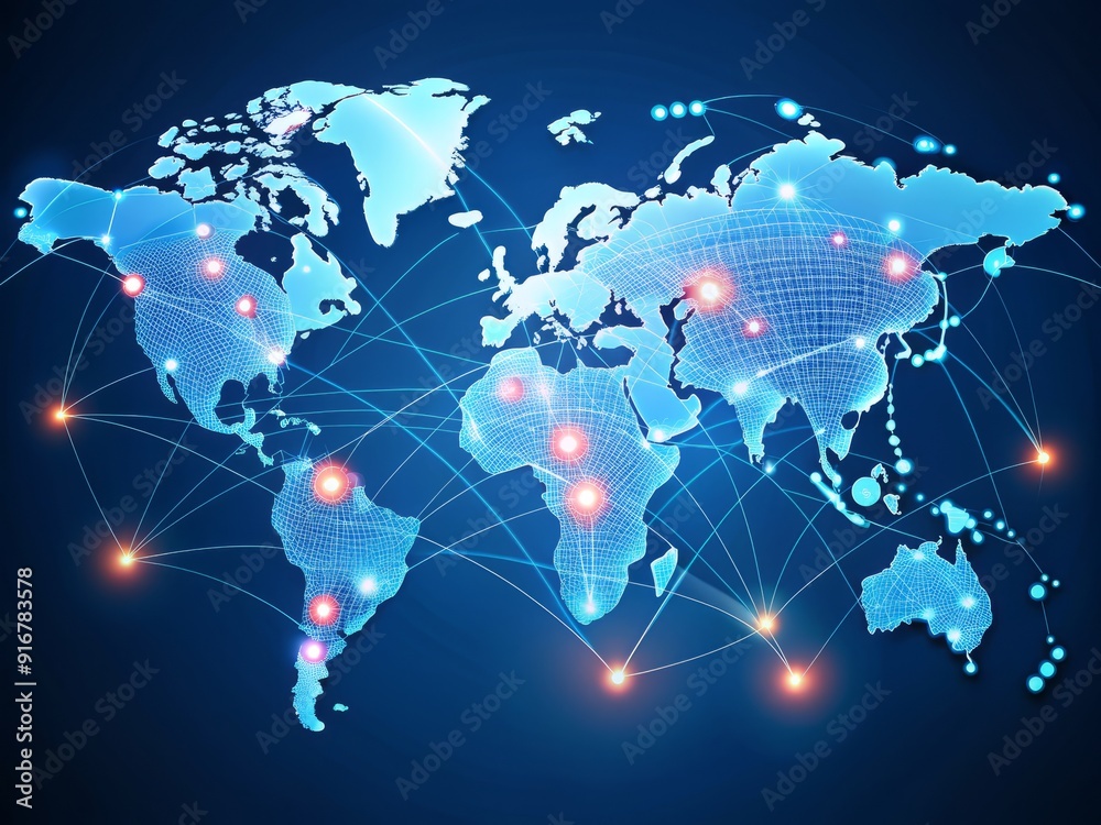 This photo depicts a world map with a multitude of dots, illustrating various locations across the globe, A web of globally connected remote workers, AI Generated This photo depicts a world map with a multitude of dots, illustrating various locations across the globe, A web of globally connected remote workers, AI Generated