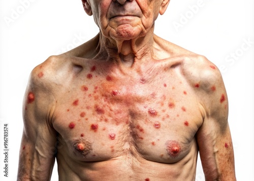 Rash-like blisters and painful lesions on an elderly person's torso, illustrating the viral infection shingles, also known as herpes zoster, with its characteristic band pattern. photo