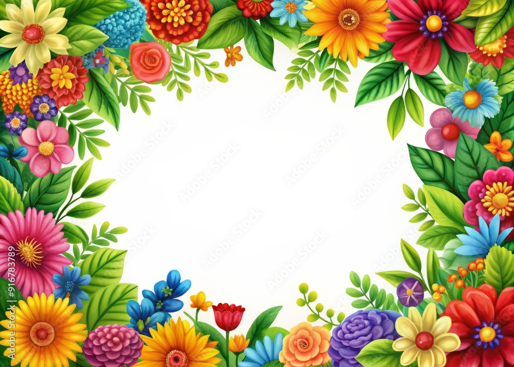 Vibrant multicolor flowers and lush greenery intricately arranged in a stunning floral border frame, perfect for greeting cards, invitations, and other paper crafts. Vibrant multicolor flowers and lush greenery intricately arranged in a stunning floral border frame, perfect for greeting cards, invitations, and other paper crafts.