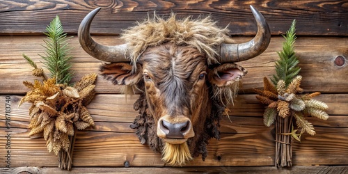 Rustic decorative house ornament featuring a dry, horned buffalo head with weathered fur and sharp horns, adding a touch of country charm to any space. photo