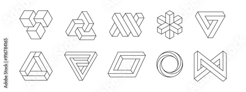 Optical illusion set. Unreal geometric elements collection. Impossible abstract linear shapes.