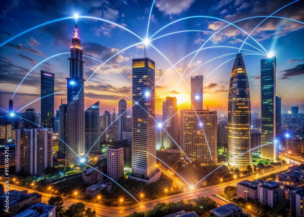 Obraz premium Urban landscape of glittering skyscrapers and neon lights at dusk, punctuated by crisscrossing wireless signals, showcasing modern city's vibrant technology infrastructure.