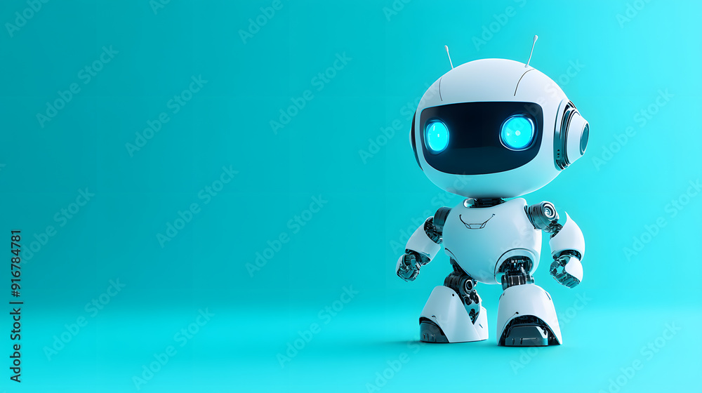 A cute, futuristic cartoon robot android with hands, in white and blue, rendered in 3D technology, with a funny and isolated look A cute, futuristic cartoon robot android with hands, in white and blue, rendered in 3D technology, with a funny and isolated look