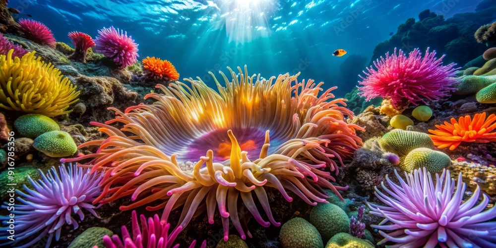 Vibrant anemone actinia's delicate tentacles sway gently amidst a kaleidoscope of colorful coral and seaweed on a thriving underwater reef ecosystem background. Vibrant anemone actinia's delicate tentacles sway gently amidst a kaleidoscope of colorful coral and seaweed on a thriving underwater reef ecosystem background.