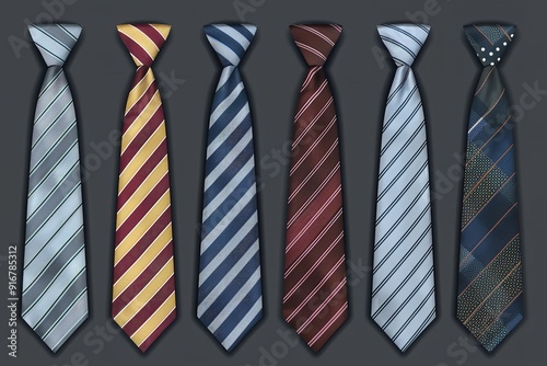 Templates for striped silk neckties with preset textures. Man's tie set in several colors. tie mockup featuring many styles. Illustration in vector format, Generative AI. photo