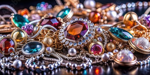 Sparkling assorted jewelry lies scattered in a disorganized heap, featuring glistening gemstones, metallic chains, and elegant pendants amidst a backdrop of soft, velvety darkness.