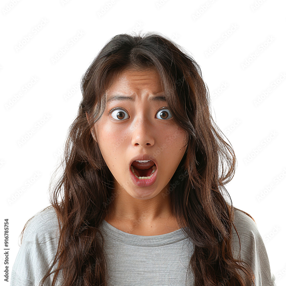 A young asian woman with long brown hair and a surprised expression on her face A young asian woman with long brown hair and a surprised expression on her face