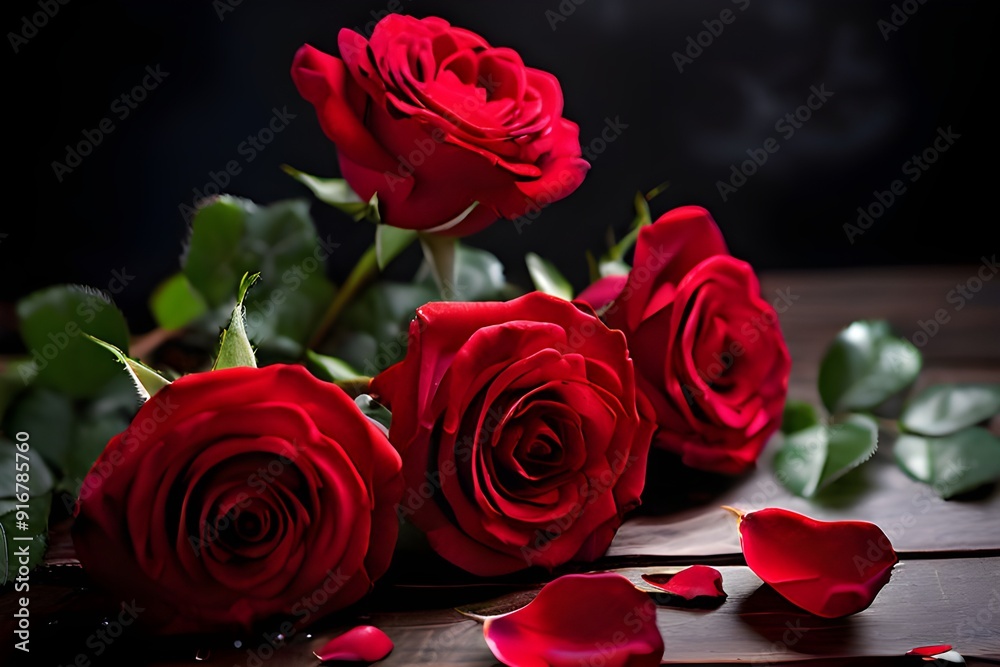 Three vibrant red roses elegantly arranged on a rustic wooden table, showcasing natural beauty and charm. Three vibrant red roses elegantly arranged on a rustic wooden table, showcasing natural beauty and charm.