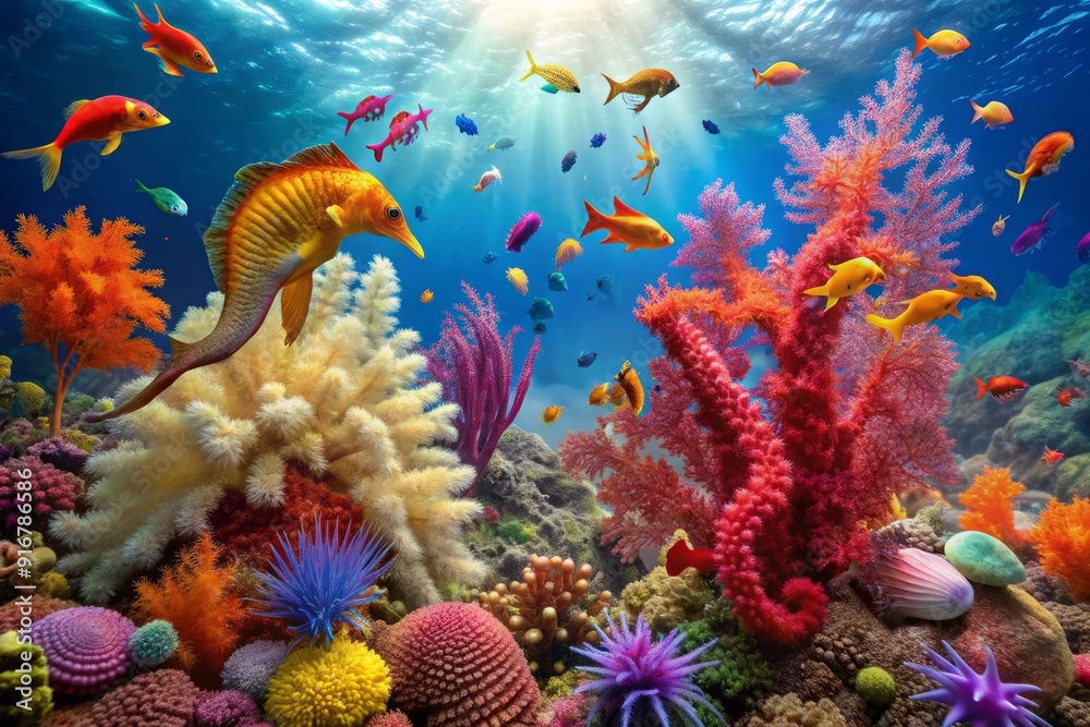 Vibrant coral reef teems with life as elegant seahorses, their tails intertwined, sway gracefully amidst a kaleidoscope of colorful fish and undulating sea fans.