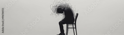 A silhouette of a person sitting on a chair, head bent with chaotic lines symbolizing overwhelming thoughts or emotions.