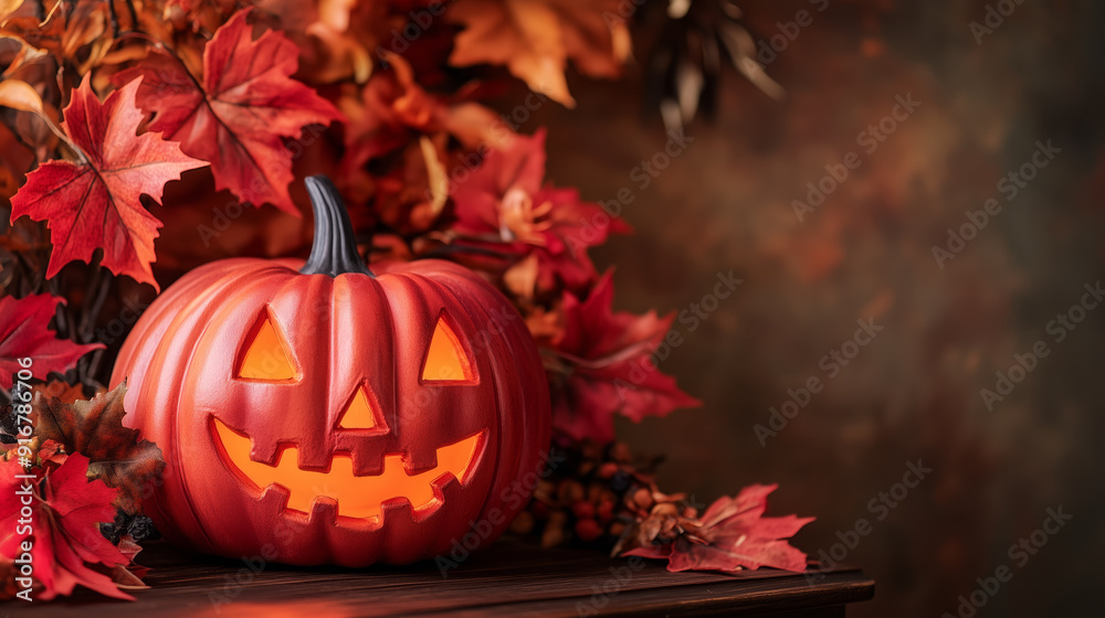 A glowing Jack-o'-Lantern surrounded by vibrant autumn leaves, spirit of Halloween and fall decor