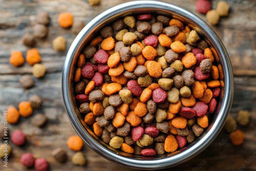 Bowl full of dry food sitting on rustic wooden surface Bowl full of dry food sitting on rustic wooden surface