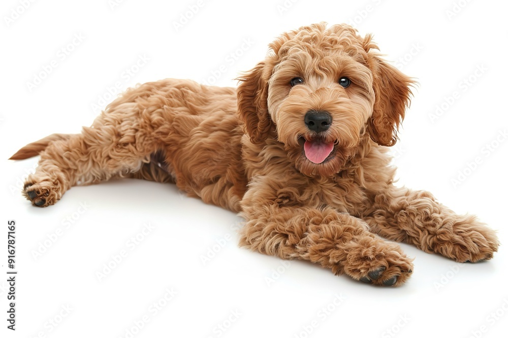 This adorable red/abricot Labradoodle puppy is facing the camera with its dark, glossy eyes while lying sideways. white background with isolation. tongue pink when mouth is open, Generative AI. This adorable red/abricot Labradoodle puppy is facing the camera with its dark, glossy eyes while lying sideways. white background with isolation. tongue pink when mouth is open, Generative AI.