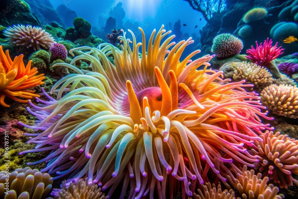 Vibrant sea anemone with delicate tentacles and colorful coral polyps sway gently in the current amidst a kaleidoscope of reef fish and seaweed. Vibrant sea anemone with delicate tentacles and colorful coral polyps sway gently in the current amidst a kaleidoscope of reef fish and seaweed.