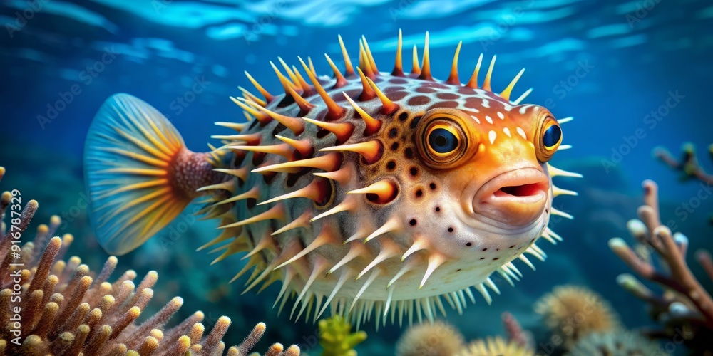 A solitary puffer fish with vibrant orange and white stripes inflates its body, showcasing its intimidating array of sharp, barbed spikes in a coral reef setting. A solitary puffer fish with vibrant orange and white stripes inflates its body, showcasing its intimidating array of sharp, barbed spikes in a coral reef setting.
