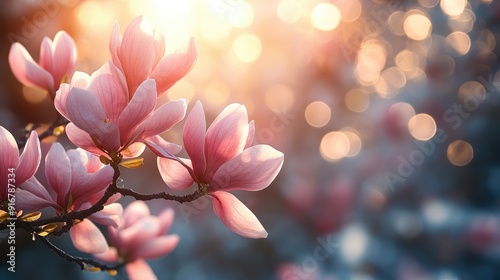 Blooming magnolia flowers on branches in spring garden at sunset