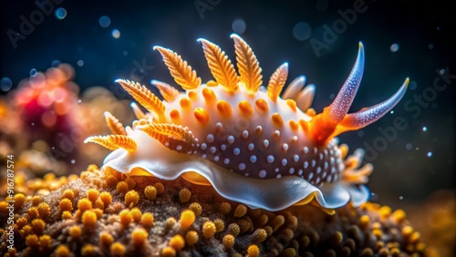 Delicate white and orange sea slug with mesmerizing texture, illuminated by sunlight, shimmering with tiny bubbles, in a captivating macro photograph of underwater life. photo