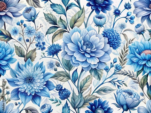 Stunning seamless floral pattern featuring diverse blue-hued flowers, intricate details, and delicate petals, ideal for fabric, wallpaper, and background designs, evoking serenity and elegance.