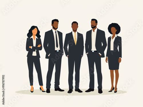 Vector illustration of group of business people standing. Diverse business people standing, men and women full length. Inclusive business concept. Vector illustration isolated on white background