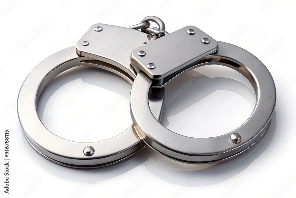 A pair of silver handcuffs shaped like a symbol, representing law enforcement and custody, isolated on a white background with a subtle gradient effect. A pair of silver handcuffs shaped like a symbol, representing law enforcement and custody, isolated on a white background with a subtle gradient effect.