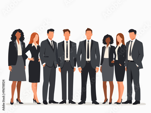 Vector illustration of group of business people standing. Diverse business people standing, men and women full length. Inclusive business concept. Vector illustration isolated on white background