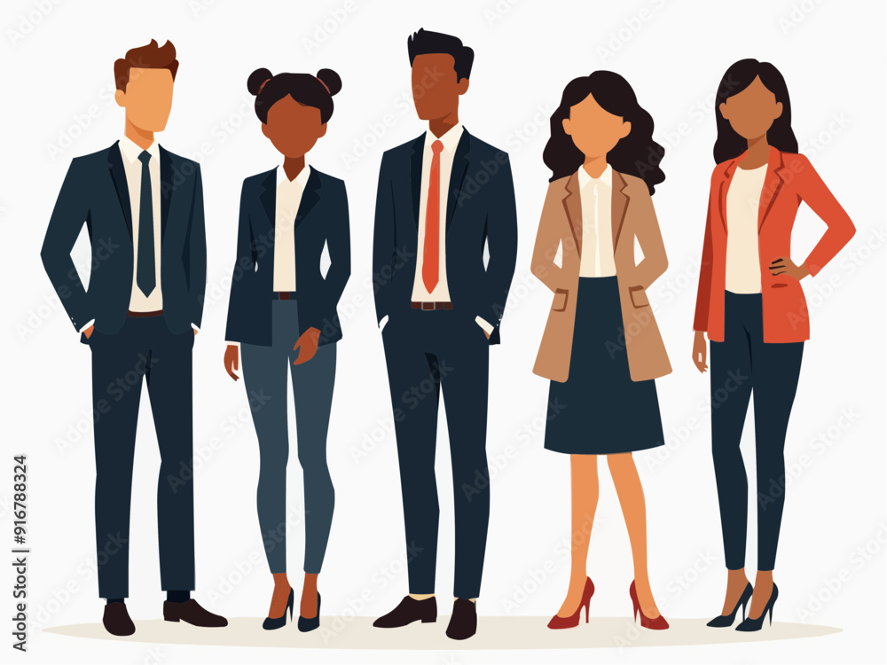 Fototapeta premium Vector illustration of group of business people standing. Diverse business people standing, men and women full length. Inclusive business concept. Vector illustration isolated on white background