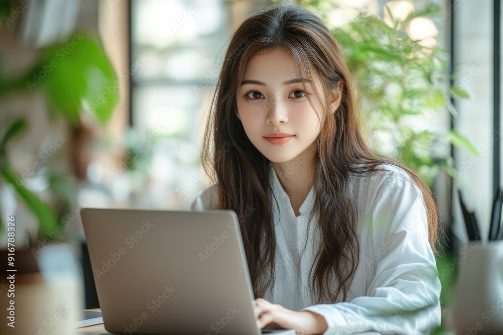 Young asian woman working remotely on laptop in cafe