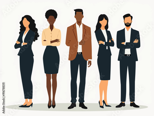 Vector illustration of group of business people standing. Diverse business people standing, men and women full length. Inclusive business concept. Vector illustration isolated on white background