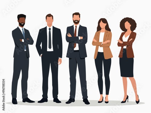 Vector illustration of group of business people standing. Diverse business people standing, men and women full length. Inclusive business concept. Vector illustration isolated on white background
