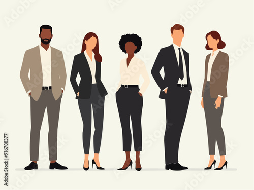 Vector illustration of group of business people standing. Diverse business people standing, men and women full length. Inclusive business concept. Vector illustration isolated on white background