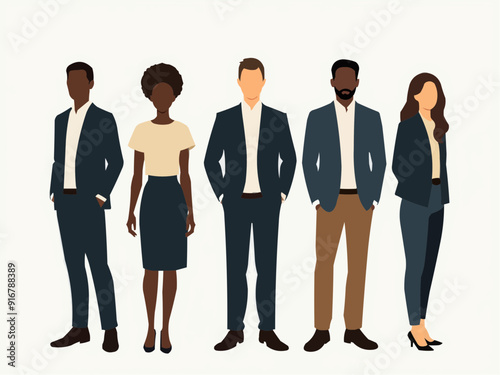 Vector illustration of group of business people standing. Diverse business people standing, men and women full length. Inclusive business concept. Vector illustration isolated on white background