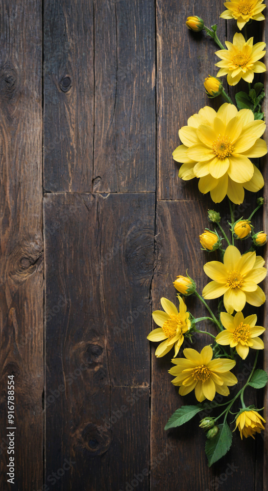 Obraz premium yellow flowers on wooden background