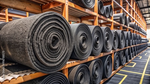 Rolls of black roofing felt stacked on a warehouse shelf, with a few rolls torn open to reveal the thick, waterproof underlayment material inside.