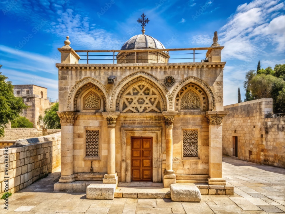 Obraz premium Ancient stone structure with ornate carvings and rich history, situated in the heart of Jerusalem, symbolizing Jewish faith and cultural heritage.