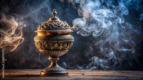 Ancient ceremonial censer with intricate carvings and ornate details sits atop a decorative pedestal, surrounded by wispy smoke, evoking a sense of mysticism and reverence.
