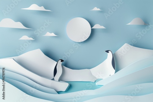 Winter Wonderland Paper Cut Art: Penguins in Icy Landscape Under Full Moon - Ideal for Holiday Cards, Posters, or Winter Decor