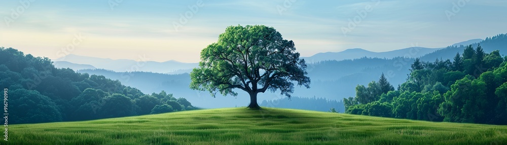 Obraz premium Majestic oak tree in a picturesque scene, evoking a serene and captivating mood with its rich textures and stunning backdrop 8K , high-resolution, ultra HD,up32K HD