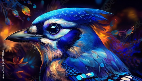 Psychadelic theme Blue Jay. Spirit Animal totem guide illustration	 photo