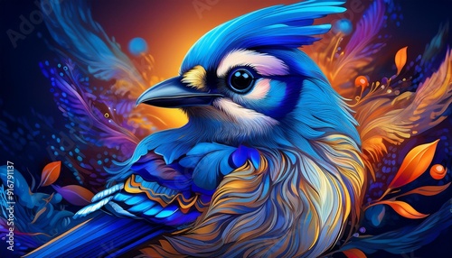 Psychadelic theme Blue Jay. Spirit Animal totem guide illustration	 photo