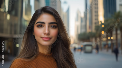 A confident young woman with long hair smiles softly while standing in a modern urban cityscape, city life 